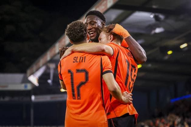 DOETINCHEM , 06-10-2026 , Stadion De Vijverberg , season 2026 2027 , EURO U21, U 21 Qualification football , match between Netherlands U21 and Bosnia and Herzegovina U21 , picture shows the 3 players who scores Netherlands player Aymen Sliti, Netherlands player Lequincio Zeefuik, Netherlands player Devin Haen Netherlands U21 - Bosnia and Herzegovina U21  x207983445x Copyright: