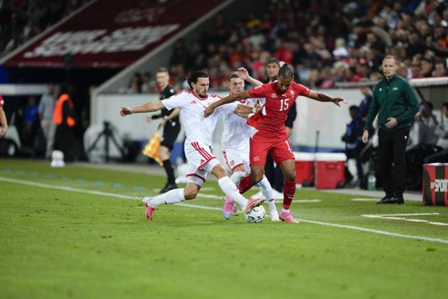Luzern, Switzerland - October 06: Eljif Elmas (7 MKD) and Ezgjan Alioski (8 MKD) against Mohameth Djibril Ibrahima Sow (15 SUI) during the UEFA Nations League match between Switzerland and North Macedonia at thermoplan arena on October 06, 2026 in Luzern, Switzerland. Copyright: xKjetilxWaberx xSPPx Sportspressphoto_SPR247187