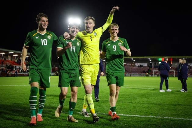 2027 UEFA Under 21 European Qualifier, Munster FA Turner s Cross, Cork 6 10 2026 Republic of Ireland vs England Ireland s Grady McDonnell, Rory Finneran, Noah Jauny and Michael Noonan celebrate after the match Grady McDonnell, Rory Finneran, Noah Jauny and Michael Noonan celebrate after the match 6 10 2026  Copyright: xx AC011638