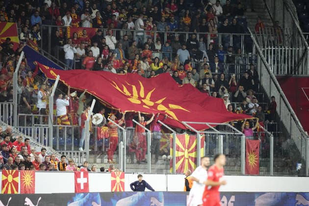Luzern, Switzerland - October 06: Fans of North Macedonia with a big flag during the UEFA Nations League match between Switzerland and North Macedonia at thermoplan arena on October 06, 2026 in Luzern, Switzerland. Copyright: xKjetilxWaberx xSPPx Sportspressphoto_SPR247189