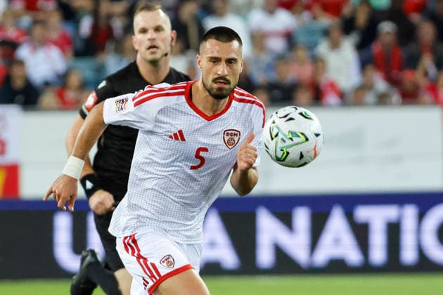 Gjorko Zajkov (Nordmazedonien, 05) am Ball , Schweiz, UEFA , Nations League, Matchday 4, Schweiz vs. Nordmazedonien, 06.10.2026, Luzern Swissporarena Schweiz Copyright: xGrantxHubbsx
