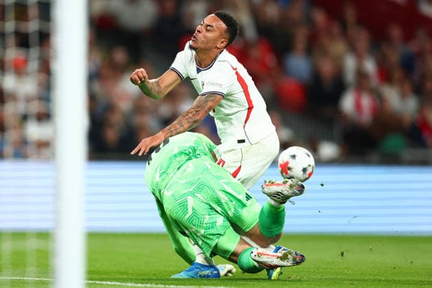 London, England, 6th October 2026. Lukas Hornicek of Czechia and Morgan Rogers of England challenge for the ball during the England vs Czech Republic UEFA Nations League match at Wembley Stadium, London. Picture credit should read: Paul Terry Sportimage EDITORIAL USE ONLY. No use with unauthorised audio, video, data, fixture lists, club league logos or live services. Online in-match use limited to 120 images, no video emulation. No use in betting, games or single club league player publications. SPI_015_PT_England__Czechia SPI-5055-0015