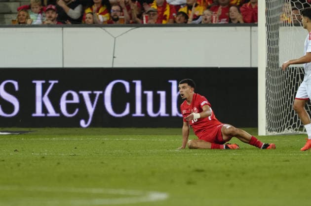 Luzern, Switzerland - October 06: Mohamed Zeki Amdouni (10 SUI) after a foul on the pitch during the UEFA Nations League match between Switzerland and North Macedonia at thermoplan arena on October 06, 2026 in Luzern, Switzerland. Copyright: xKjetilxWaberx xSPPx Sportspressphoto_SPR247201