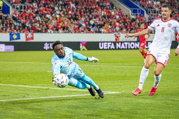 Fussball UEFA Nations League 2026 - 2027, 4. Spieltag - Schweiz vs Nordmazedonien - Thermoplan Arena (Luzern): Yvon Mvogo (Schweiz, 12) am Ball Copyright: xJOERANxSTEINSIEKx