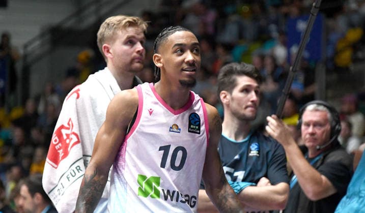 06.10.2026, xokbx, Basketball BKT Europe Cup , Skyliners Frankfurt - Siauliai Basketball v.l. Judah Mintz (Fraport Skyliners Frankfurt), Mimik, Gestik, Emotion Frankfurt