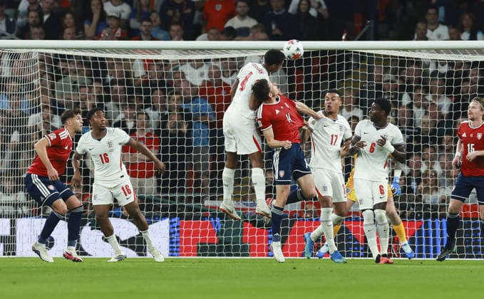 England v Czech Republic, UEFA Nations League, League A - Group 3 London, UK: England v Czech Republic, UEFA Nations League, League A - Group 3, Wembley Stadium. 6 October 2026 Photograph by Marc Aspland for The Times & The Sunday Times Jarell Quansah of England heads clear  Copyright: xMarcxAsplandx NINTCHDBPICT001113839626