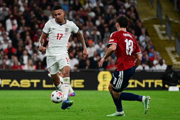 England v Czechia, UEFA Nations League England forward Morgan Rogers (17) sprints forward with the ball under pressure from Czechia midfielder Lukas Ambros (13) during the UEFA Nations League match between England and Czechia at Wembley Stadium, London, UK on 6 October 2026. London Wembley Stadium Greater London UK Editorial use only , Copyright: xDennisxGoodwinx PSI-24957-0030