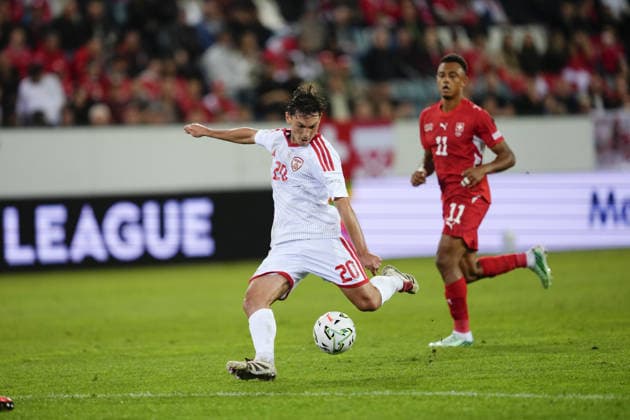 Luzern, Switzerland - October 06: Dimitar Mitrovski (20 MKD) in action during the UEFA Nations League match between Switzerland and North Macedonia at thermoplan arena on October 06, 2026 in Luzern, Switzerland. Copyright: xKjetilxWaberx xSPPx Sportspressphoto_SPR247242