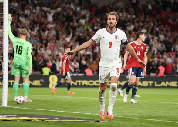 Harry Kane (E) celebrates scoring the second England goal (2-0) at the England v Czechia UEFA Nations League Group 3 match, at Wembley Stadium, London, UK, on 6th October, 2026.  .