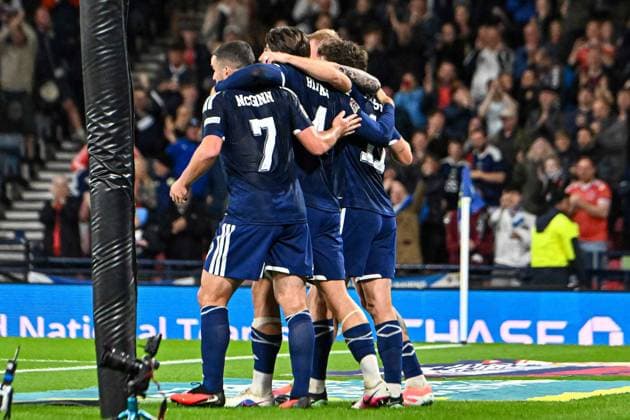 Scotland v Slovenia UEFA Nations League Ryan Christie of Scotland scores his sides first goal of the match and celebrates his goal with teammates during the UEFA Nations League match at Barclays Hampden, Glasgow 06 10 2026 UK Newspapers OUT Copyright: xJamiexJohnstonx FIL-24032-0060
