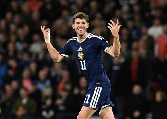 Glasgow, Scotland, 6th October 2026. Ryan Christie of Scotland scores the opening goal during the Scotland vs Slovenia UEFA Nations League match at Hampden Park, Glasgow. Picture credit should read: Neil Hanna Sportimage EDITORIAL USE ONLY. No use with unauthorised audio, video, data, fixture lists, club league logos or live services. Online in-match use limited to 120 images, no video emulation. No use in betting, games or single club league player publications. SPI_025_NH_Scotland_Slovenia SPI-5054-0025