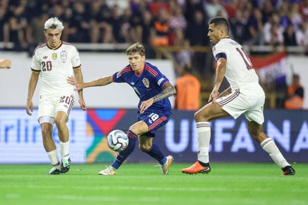 Croatia v Spain - UEFA Nations League 2026 27 Group A3 MD4 Kristijan Jakic of Croatia in action against Pedri (L) and Rodrigo Hernandez (R) of Spain during the UEFA Nations League 2026 27 group phase match between Croatia and Spain at Stadion Poljud on October 6, 2026 in Split, Croatia.  SanjinxStrukic PIXSELL