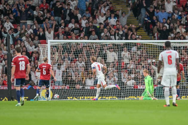 Harry Kane of England scores close to the end of the first half during the Nations League match between England and Czechia at Wembley Stadium, London, England on 6 October 2026. Copyright: xPhilxHutchinsonx 45480010