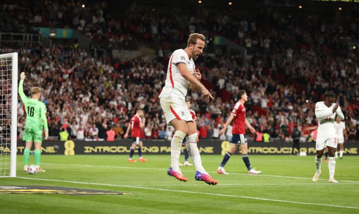 Harry Kane (E) celebrates scoring the second England goal (2-0) at the England v Czechia UEFA Nations League Group 3 match, at Wembley Stadium, London, UK, on 6th October, 2026.  .