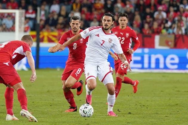 Fussball UEFA Nations League 2026 - 2027, 4. Spieltag - Schweiz vs Nordmazedonien - Thermoplan Arena (Luzern): Eljif Elmas (Nordmazedonien, 7) am Ball Copyright: xJOERANxSTEINSIEKx