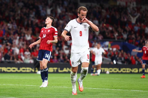London, England, 6th October 2026. Harry Kane of England celebrates after scoring to make it 2-0 during the England vs Czech Republic UEFA Nations League match at Wembley Stadium, London. Picture credit should read: Paul Terry Sportimage EDITORIAL USE ONLY. No use with unauthorised audio, video, data, fixture lists, club league logos or live services. Online in-match use limited to 120 images, no video emulation. No use in betting, games or single club league player publications. SPI_031_PT_England__Czechia SPI-5055-0031