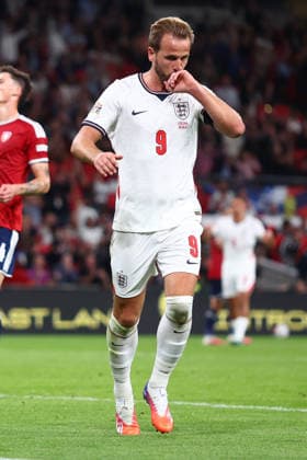 London, England, 6th October 2026. Harry Kane of England celebrates after scoring to make it 2-0 during the England vs Czech Republic UEFA Nations League match at Wembley Stadium, London. Picture credit should read: Paul Terry Sportimage EDITORIAL USE ONLY. No use with unauthorised audio, video, data, fixture lists, club league logos or live services. Online in-match use limited to 120 images, no video emulation. No use in betting, games or single club league player publications. SPI_032_PT_England__Czechia SPI-5055-0032