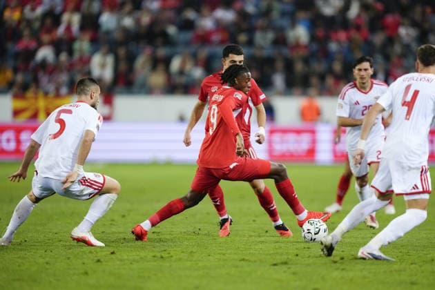 Luzern, Switzerland - October 06: Johan Manzambi (9 SUI) against Dimitar Mitrovski (20 MKD), Gjoko Zajkov (5 MKD) and Andrej Stojchevski (4 MKD) during the UEFA Nations League match between Switzerland and North Macedonia at thermoplan arena on October 06, 2026 in Luzern, Switzerland. Copyright: xKjetilxWaberx xSPPx Sportspressphoto_SPR247312