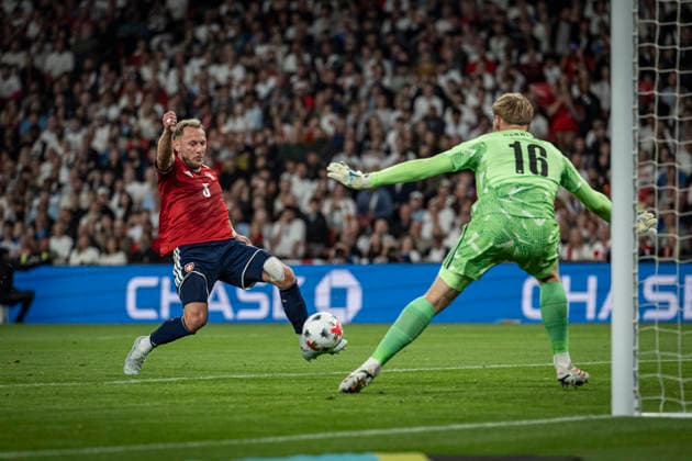 RECORD DATE NOT STATED 6th October 2026; Wembley Stadium, London, England; UEFA Nations League Football, England versus Czech Republic; Vladimir Coufal of Czech Republic scores past his own goalkeeper Lukas Hornicek in the 27th minute to make the score 1-0 GodfreyxPitt