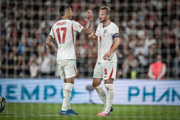 RECORD DATE NOT STATED 6th October 2026; Wembley Stadium, London, England; UEFA Nations League Football, England versus Czech Republic; Harry Kane of England celebrates with Morgan Rogers after scoring past Lukas Hornicek of Czech Republic in the 40th minute to make the score 2-0 GodfreyxPitt