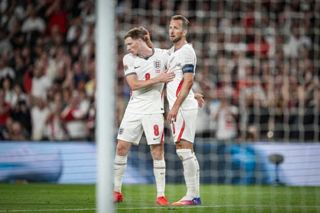 RECORD DATE NOT STATED 6th October 2026; Wembley Stadium, London, England; UEFA Nations League Football, England versus Czech Republic; Harry Kane of England celebrates with Elliot Anderson afterscoring past Lukas Hornicek of Czech Republic in the 40th minute to make the score 2-0 GodfreyxPitt