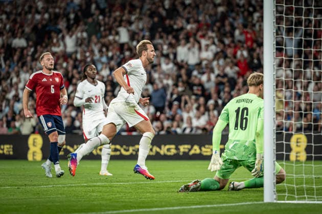 RECORD DATE NOT STATED 6th October 2026; Wembley Stadium, London, England; UEFA Nations League Football, England versus Czech Republic; Harry Kane of England celebrates scoring past Lukas Hornicek of Czech Republic in the 40th minute to make the score 2-0 GodfreyxPitt
