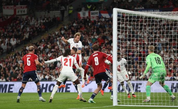 UEFA Nations League - England v Czechia LONDON, ENGLAND, OCTOBER 6: GOAL 3-0, Harry Kane of England national team, Nationalteam scores a goal from. Corner kick to make the score 3-0 during The UEFA Nations League match in Group A3 between England v Czechia at Wembley Stadium, London, England, on October 6. (Photo by Daniel Weir) London Wembley Stadium England Copyright: xDanielxWeir SportsxPressxPhotox Sportspressphoto_SPR247331
