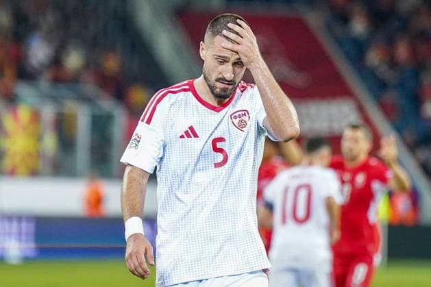 Fussball UEFA Nations League 2026 - 2027, 4. Spieltag - Schweiz vs Nordmazedonien - Thermoplan Arena (Luzern): Gjoko Zajkov (Nordmazedonien, 5) Geste, Gestik, Emotion Copyright: xJOERANxSTEINSIEKx