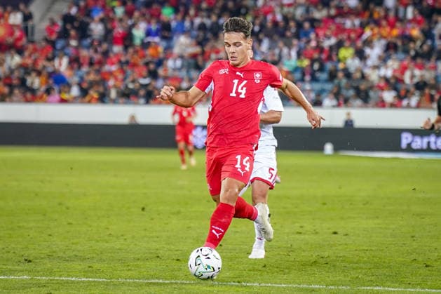 Fussball UEFA Nations League 2026 - 2027, 4. Spieltag - Schweiz vs Nordmazedonien - Thermoplan Arena (Luzern): Ardon Jashari (Schweiz, 14) am Ball Copyright: xJOERANxSTEINSIEKx