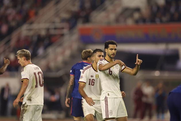 Mikel Merino seen celebrating after scoring goal during Nations League Division A game between National teams of Croatia and Spain (Grzegorz Wajda Ball Raw Images) Zenica Biline Polje Bosnia and Herzegovina Copyright: xGrzegorzxWajdax 0M7A4407
