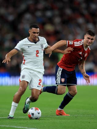England v Czechia - UEFA Nations League 2026 27 Group A3 MD4 Trent Alexander-Arnold and Jiri Slama of Czechia challenge during the UEFA Nations League 2026 27 group phase match between England and Czechia at Wembley Stadium on October 6, 2026 in London, England. London Wembley Stadium England United Kingdom Copyright: xAllstarxPicturexLibraryxLtdx