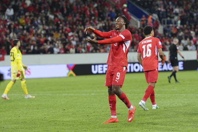 Luzern, Switzerland - October 06: Johan Manzambi (9 SUI) celebrates his goal during the UEFA Nations League match between Switzerland and North Macedonia at thermoplan arena on October 06, 2026 in Luzern, Switzerland. Copyright: xKjetilxWaberx xSPPx Sportspressphoto_SPR247347