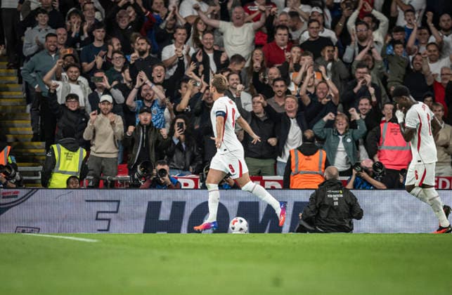 RECORD DATE NOT STATED 6th October 2026; Wembley Stadium, London, England; UEFA Nations League Football, England versus Czech Republic; Harry Kane of England celebrates after scoring in the 57th minute to make the score 3-0 GodfreyxPitt