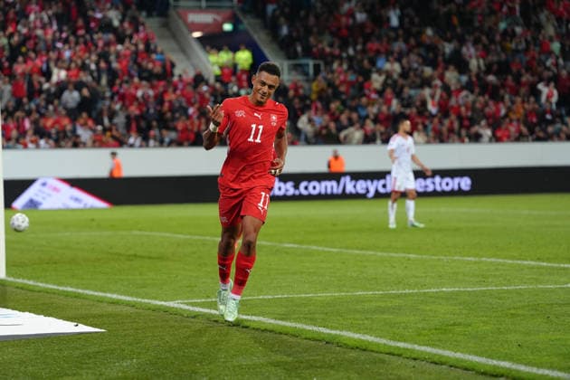 Luzern, Switzerland - October 06: Dan Ndoye (11 SUI) celebrates his goal during the UEFA Nations League match between Switzerland and North Macedonia at thermoplan arena on October 06, 2026 in Luzern, Switzerland. Copyright: xKjetilxWaberx xSPPx Sportspressphoto_SPR247353
