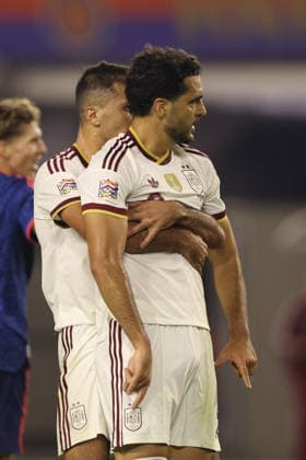 SPLIT, CROATIA - OCTOBER 06: Mikel Merino of Spain national team, Nationalteam celebrates with Rodri after scoring a goal during the UEFA Nations League Group A3 match between Croatia and Spain at Stadion Poljud on October 06, 2026 in Split, Croatia. Photo SFSI Croatia national team v Spain National team - UEFA Nations League 2026 27 Copyright: xSFSIx