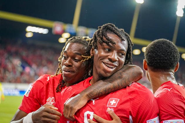 Fussball UEFA Nations League 2026 - 2027, 4. Spieltag - Schweiz vs Nordmazedonien - Thermoplan Arena (Luzern): Tor und Torjubel zum 2:0 durch Johan Manzambi (Schweiz, 9) Freude, Emotionen, Jubel Winsley Boteli (Schweiz, 19) Copyright: xJOERANxSTEINSIEKx
