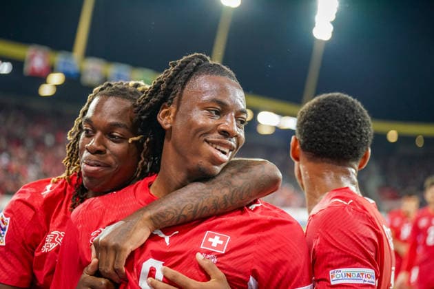 Fussball UEFA Nations League 2026 - 2027, 4. Spieltag - Schweiz vs Nordmazedonien - Thermoplan Arena (Luzern): Tor und Torjubel zum 2:0 durch Johan Manzambi (Schweiz, 9) Freude, Emotionen, Jubel Winsley Boteli (Schweiz, 19) Copyright: xJOERANxSTEINSIEKx