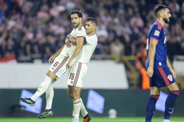 Croatia v Spain - UEFA Nations League 2026 27 Group A3 MD4 Mikel Merino of Spain celebrates scoring his team™s first goal with teammate Rodrigo Hernandez during the UEFA Nations League 2026 27 group phase match between Croatia and Spain at Stadion Poljud on October 6, 2026 in Split, Croatia.  SanjinxStrukic PIXSELL