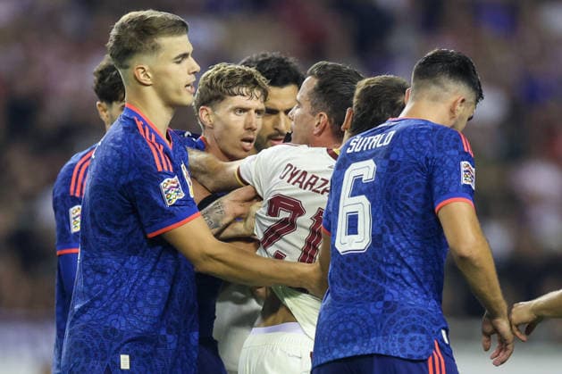 Croatia v Spain - UEFA Nations League 2026 27 Group A3 MD4 Luka Vuskovic of Croatia, Kristijan Jakic of Croatia and Mikel Oyarzabal of Spain during the UEFA Nations League 2026 27 group phase match between Croatia and Spain at Stadion Poljud on October 6, 2026 in Split, Croatia.  SanjinxStrukic PIXSELL