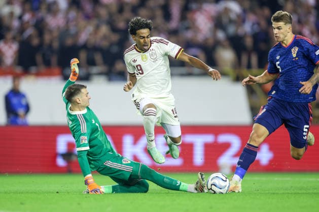 Croatia v Spain - UEFA Nations League 2026 27 Group A3 MD4 Lamine Yamal of Spain in action against Dominik Livakovic (L) and Luka Vuskovic (R) of Croatia during the UEFA Nations League 2026 27 group phase match between Croatia and Spain at Stadion Poljud on October 6, 2026 in Split, Croatia.  SanjinxStrukic PIXSELL