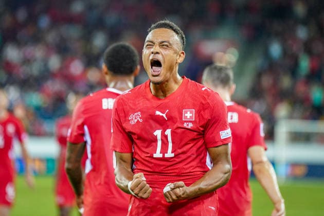 Fussball UEFA Nations League 2026 - 2027, 4. Spieltag - Schweiz vs Nordmazedonien - Thermoplan Arena (Luzern): Tor und Torjubel zum 3:0 durch Dan Ndoye (Schweiz, 11) Freude, Emotionen, Jubel, Geste, Gestik, Mimik, Gesichtsausdruck, Emotion Copyright: xJOERANxSTEINSIEKx