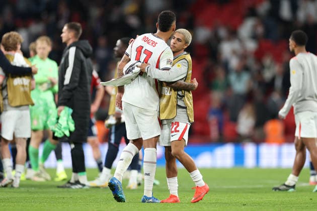 England v Czech Republic, UEFA Nations League Morgan Rogers hugs Rico Lewis of England after the England v Czech Republic UEFA Nations League Group 3 match at Wembley Stadium, London, England on 6 October 2026 Credit: Tiego Grenho Every Second Media Editorial use only. All images are copyright Every Second Media Limited. No images may be reproduced without prior permission. Copyright: xIMAGO EveryxSecondxMediax ESM-2201-0051 TiegoxGrenhox xEveryxSecondxMediax
