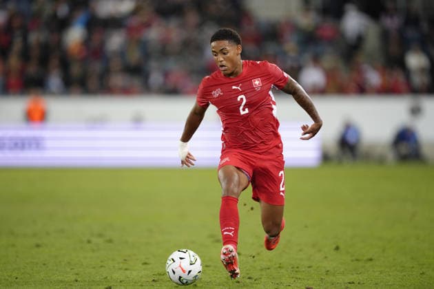 Luzern, Switzerland - October 06: Sascha Britschgi (2 SUI) in action with the ball during the UEFA Nations League match between Switzerland and North Macedonia at thermoplan arena on October 06, 2026 in Luzern, Switzerland. Copyright: xKjetilxWaberx xSPPx Sportspressphoto_SPR247397