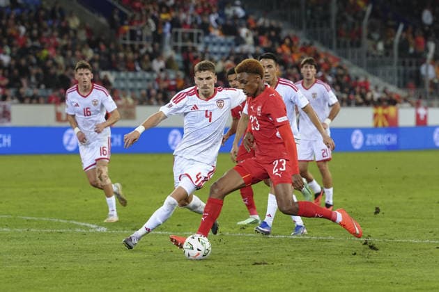 Luzern, Switzerland - October 06: Andrej Stojchevski (4 MKD) against Alvyn Antonio Sanches (23 SUI) during the UEFA Nations League match between Switzerland and North Macedonia at thermoplan arena on October 06, 2026 in Luzern, Switzerland. Copyright: xKjetilxWaberx xSPPx Sportspressphoto_SPR247401