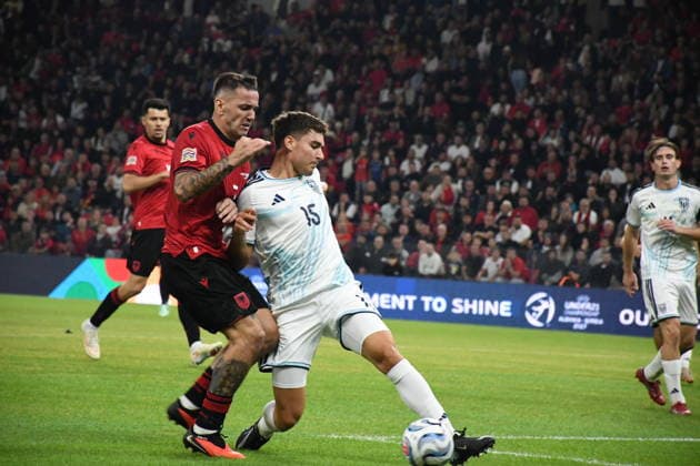 Albania v San Marino - UEFA Nations League TIRANA, ALBANIA - OCTOBER 6: Marco Pasolini (15) of San Marino in action against Rey Manaj (L) of Albania during the UEFA Nations League C Group 1 match between Albania and San Marino at Air Albania Stadium in Tirana, Albania, on October 6, 2026. Olsi Shehu Anadolu Tirana Albania. Editorial use only. Please get in touch for any other usage.  Copyright: x2026xAnadoluxOlsixShehux