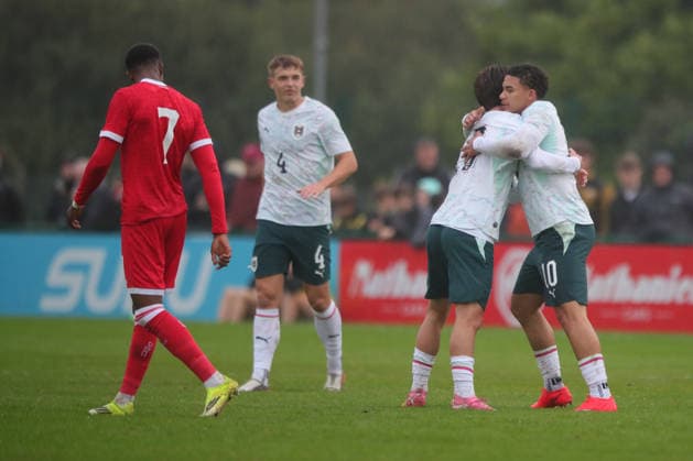 U21, U 21 Wales v U21 Austria, U21 UEFA EUROPEAN CHAMPIONSHIPS, Qualifier Nico Bajilcz of Austria Under 21 celebrates with goalscorer Jacob Hödl of Austria Under 21 during the U21 UEFA EUROPEAN CHAMPIONSHIPS qualification match between U21 Wales and U21 Austria at the Oval, Caernarfon, UK on 6 October 2026. Caernarfon the Oval Wales UK Editorial use only , Copyright: xAlunxRobertsx PSI-24971-0021
