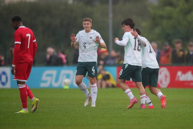 U21, U 21 Wales v U21 Austria, U21 UEFA EUROPEAN CHAMPIONSHIPS, Qualifier Austria Under 21 players celebrate goal by Jacob Hödl of Austria Under 21 during the U21 UEFA EUROPEAN CHAMPIONSHIPS qualification match between U21 Wales and U21 Austria at the Oval, Caernarfon, UK on 6 October 2026. Caernarfon the Oval Wales UK Editorial use only , Copyright: xAlunxRobertsx PSI-24971-0022