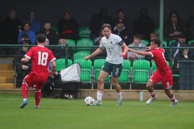 U21, U 21 Wales v U21 Austria, U21 UEFA EUROPEAN CHAMPIONSHIPS, Qualifier Jannik Schuster of Austria Under 21 during the U21 UEFA EUROPEAN CHAMPIONSHIPS qualification match between U21 Wales and U21 Austria at the Oval, Caernarfon, UK on 6 October 2026. Caernarfon the Oval Wales UK Editorial use only , Copyright: xAlunxRobertsx PSI-24971-0047