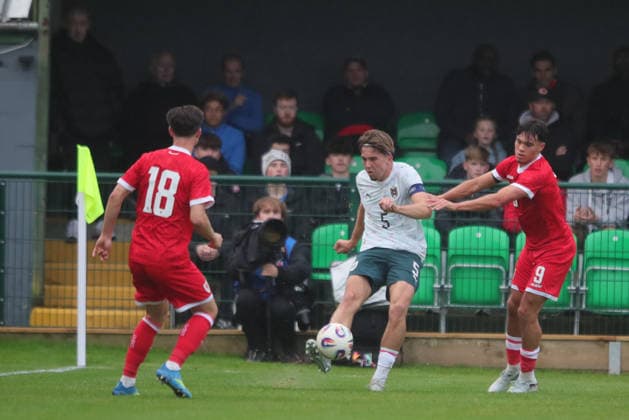 U21, U 21 Wales v U21 Austria, U21 UEFA EUROPEAN CHAMPIONSHIPS, Qualifier Jannik Schuster of Austria Under 21 clears during the U21 UEFA EUROPEAN CHAMPIONSHIPS qualification match between U21 Wales and U21 Austria at the Oval, Caernarfon, UK on 6 October 2026. Caernarfon the Oval Wales UK Editorial use only , Copyright: xAlunxRobertsx PSI-24971-0049