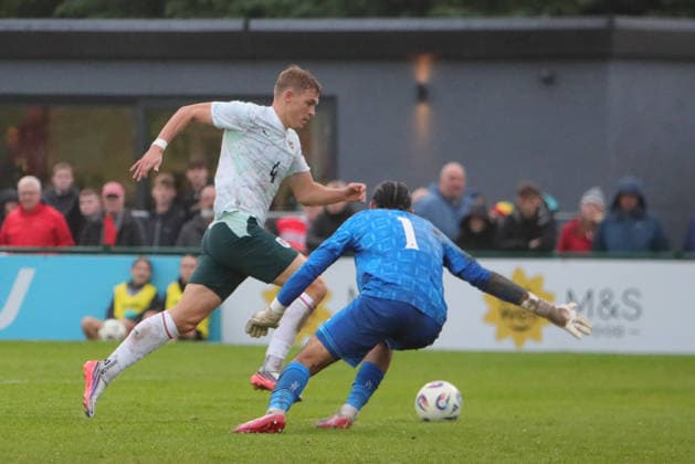 U21, U 21 Wales v U21 Austria, U21 UEFA EUROPEAN CHAMPIONSHIPS, Qualifier David Puczka of Austria Under 21 rounds keeper Joseph Duncan of Wales Under 21 before scoring during the U21 UEFA EUROPEAN CHAMPIONSHIPS qualification match between U21 Wales and U21 Austria at the Oval, Caernarfon, UK on 6 October 2026. Caernarfon the Oval Wales UK Editorial use only , Copyright: xAlunxRobertsx PSI-24971-0072